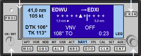 GPS Navigationsgerät im Flugzeug mit Daten-Anzeige, Tasten und Knöpfen zur Bedienung